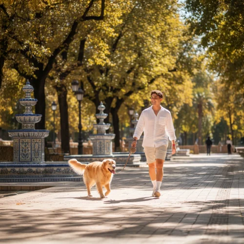 Fotografía de un joven con camisa blanca y pantalón corto caminando alegremente por un parque soleado mientras pasea a un perro Golden Retriever con correa. El camino está flanqueado por árboles con hojas doradas y fuentes ornamentales de cerámica azul y blanca. La luz del sol se filtra entre las ramas, creando una atmósfera cálida y otoñal en un entorno tranquilo.