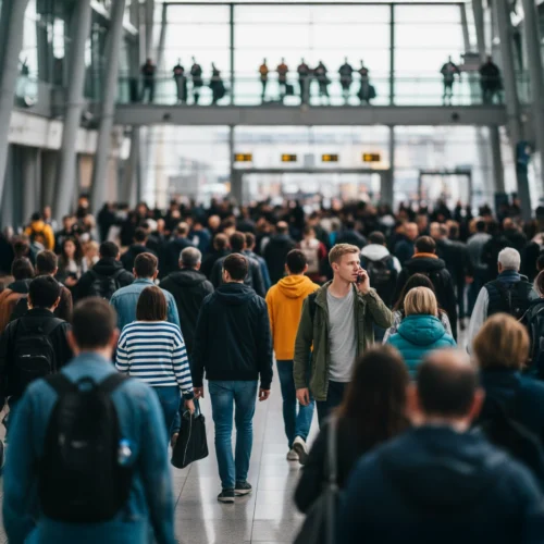 Una gran multitud de personas caminando por el amplio vestíbulo de una moderna estación de tren o aeropuerto con techos altos y estructura metálica. En el centro, destaca un hombre joven con chaqueta verde hablando por el móvil mientras camina entre los viajeros.