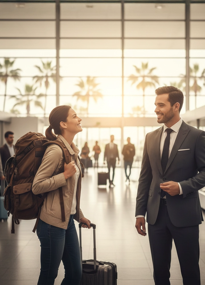 Una viajera con una mochila grande y una maleta de mano sonríe mientras conversa con un hombre vestido con un traje formal y corbata en el vestíbulo iluminado de un aeropuerto. Al fondo, a través de los grandes ventanales, se ven siluetas de palmeras bajo una luz cálida de atardecer.