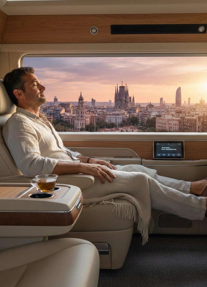 Un hombre descansa con los ojos cerrados en un asiento de lujo de un tren o avión, cubierto con una manta clara y con una taza de té al lado. A través de la amplia ventana se observa una vista panorámica de Barcelona al atardecer, destacando la silueta de la Sagrada Familia y la Torre Glòries bajo un cielo anaranjado.