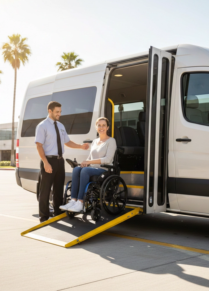 Una mujer sonriente en silla de ruedas desciende por una rampa amarilla desplegada desde una furgoneta blanca adaptada. Un asistente uniformado con camisa azul y corbata la acompaña a un lado de la rampa en un entorno exterior soleado con palmeras al fondo.