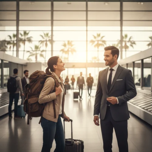 Una viajera con una mochila grande y una maleta de mano sonríe mientras conversa con un hombre vestido con un traje formal y corbata en el vestíbulo iluminado de un aeropuerto. Al fondo, a través de los grandes ventanales, se ven siluetas de palmeras bajo una luz cálida de atardecer.