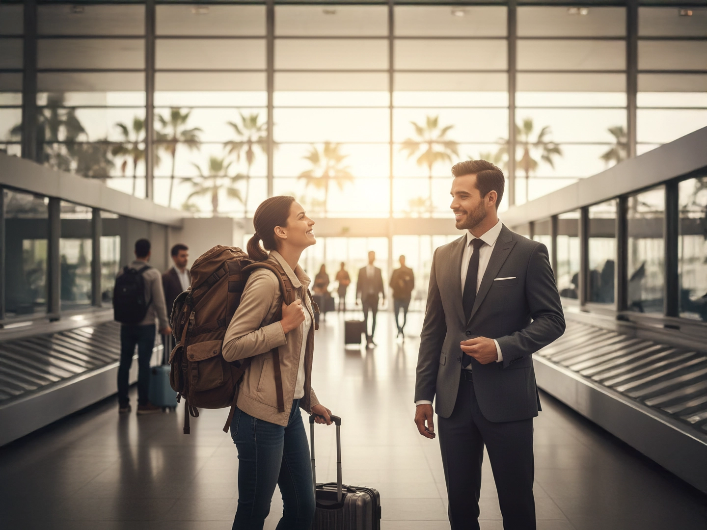 Una viajera con una mochila grande y una maleta de mano sonríe mientras conversa con un hombre vestido con un traje formal y corbata en el vestíbulo iluminado de un aeropuerto. Al fondo, a través de los grandes ventanales, se ven siluetas de palmeras bajo una luz cálida de atardecer.