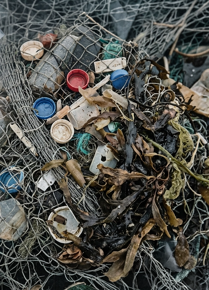 Montón de residuos atrapados en redes de pesca: tapones de plástico de varios colores, fragmentos de envases, cuerdas, restos de madera y algas mezclados entre las mallas húmedas. La escena transmite contaminación marina y abandono.