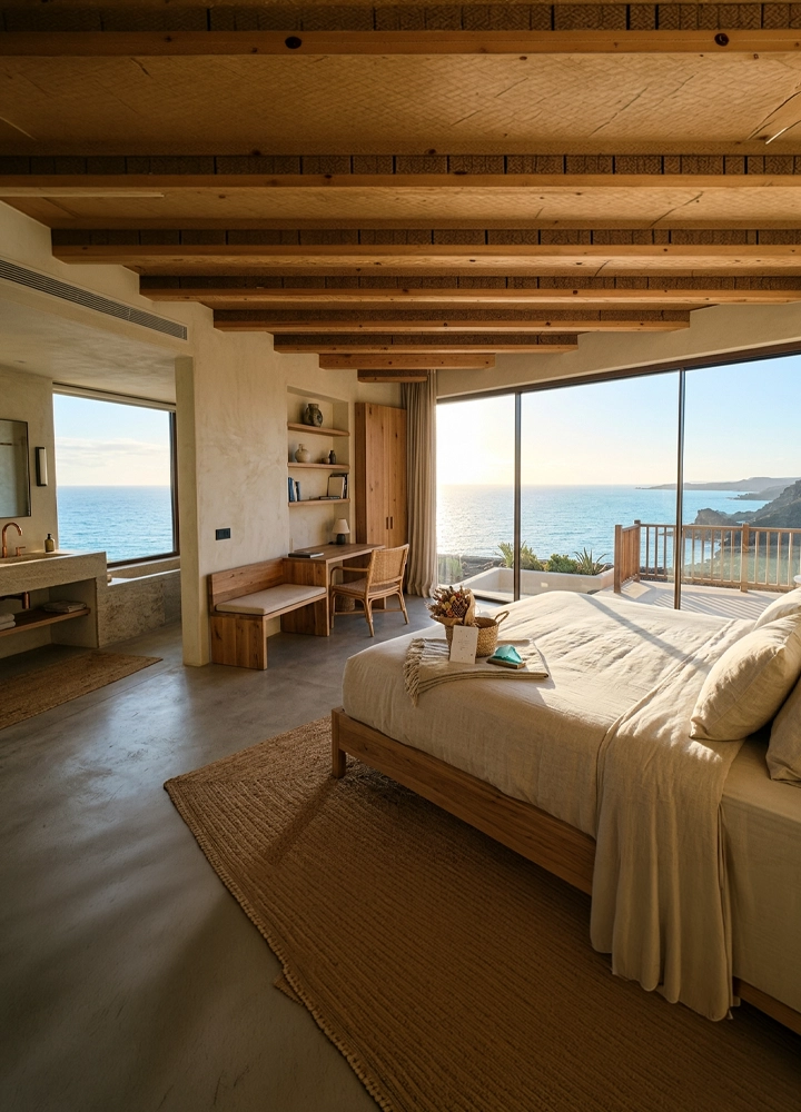 Dormitorio cálido con muebles de madera, cama clara junto a un ventanal que da al mar al atardecer, con zona de escritorio y lavabo abierto a un lado, iluminado por luz dorada.