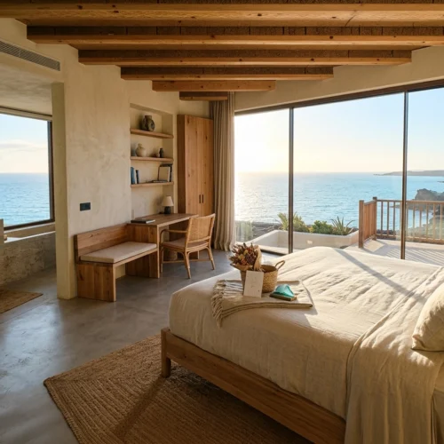 Dormitorio cálido con muebles de madera, cama clara junto a un ventanal que da al mar al atardecer, con zona de escritorio y lavabo abierto a un lado, iluminado por luz dorada.