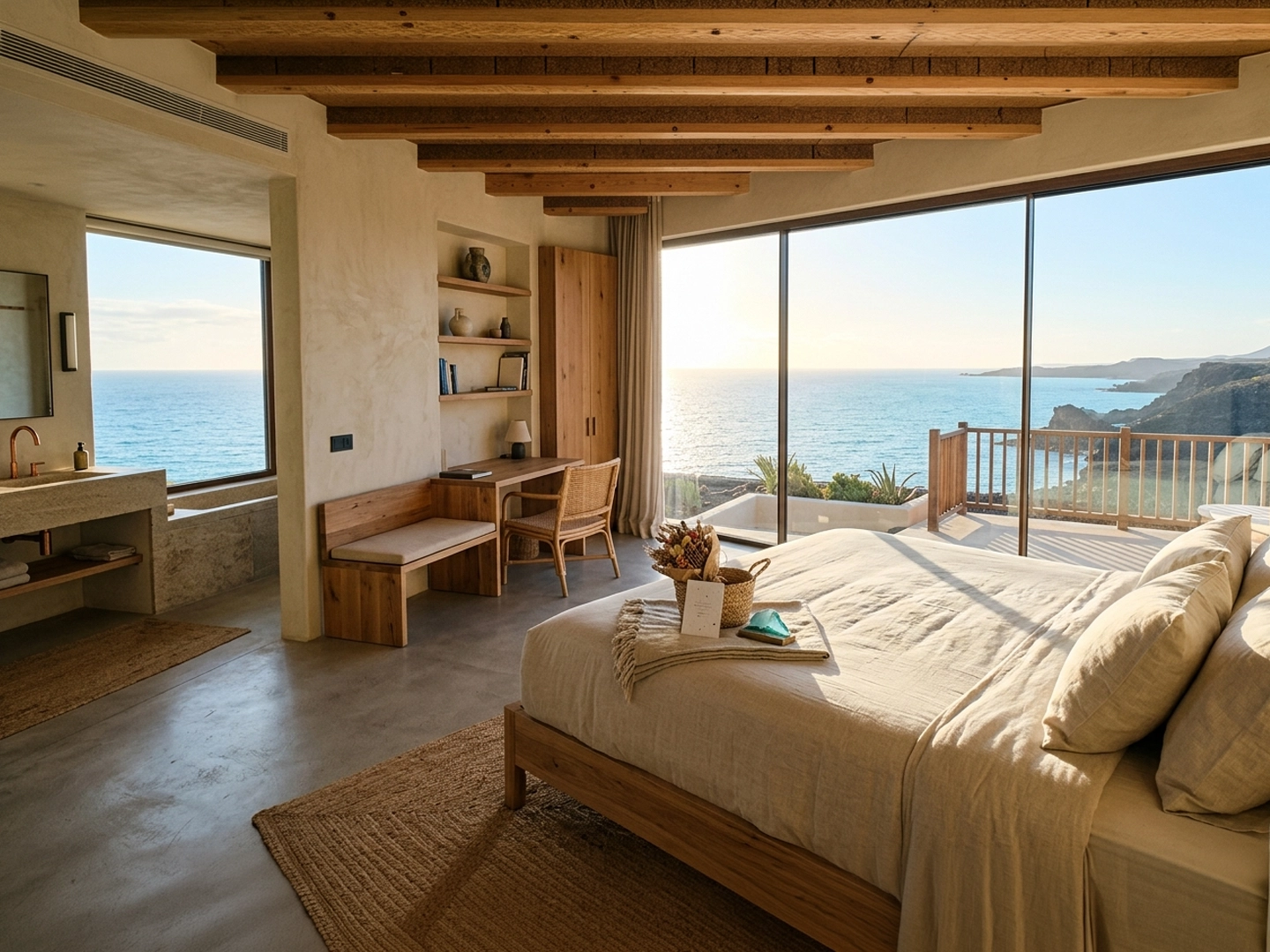 Dormitorio cálido con muebles de madera, cama clara junto a un ventanal que da al mar al atardecer, con zona de escritorio y lavabo abierto a un lado, iluminado por luz dorada.