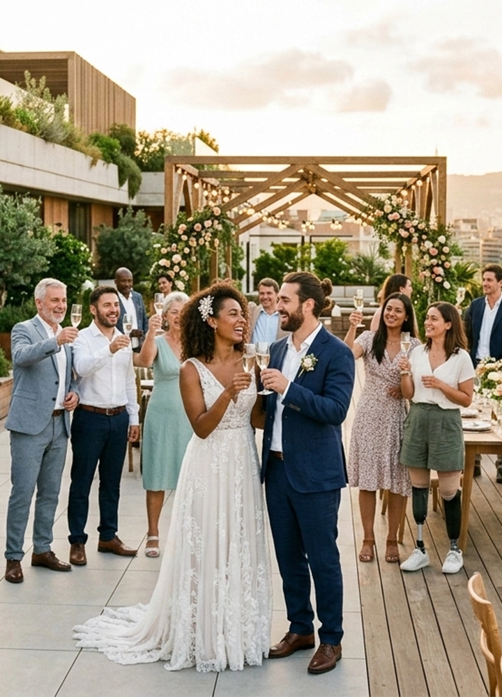 Una pareja de recién casados brinda con copas de champán en una terraza al aire libre durante el atardecer, rodeados de sus invitados que también alzan sus copas. La novia viste un vestido de encaje blanco con pedrería en el cabello y el novio un traje azul moderno. Al fondo, se aprecia una estructura de madera decorada con flores y guirnaldas de luces. Entre los invitados a la derecha, destaca una mujer con prótesis en ambas piernas que sonríe hacia la pareja. El ambiente es festivo, elegante y multicultural, con una ciudad difuminada en el horizonte.