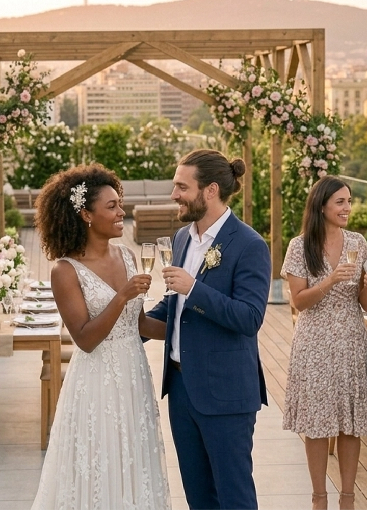 Primer plano de una pareja de recién casados brindando con copas de champán durante una celebración en una terraza. La novia, con el cabello rizado y un adorno floral brillante, sonríe al novio, quien viste un traje azul con un prendido floral en la solapa. Al fondo, se ve una estructura de madera decorada con rosas rosas, una mesa de banquete dispuesta y una invitada sonriendo. La escena está iluminada por la cálida luz del atardecer, con una vista panorámica de la ciudad y montañas a lo lejos.