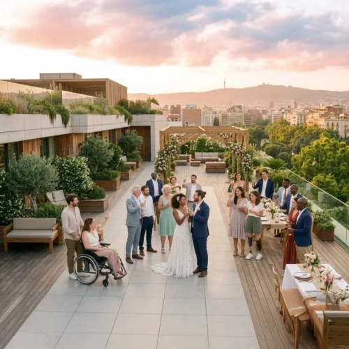 Una amplia toma aérea de una boda celebrada en una lujosa terraza de madera al atardecer, con vistas panorámicas a la ciudad de Barcelona. En el centro, los recién casados brindan rodeados de un grupo diverso de invitados que alzan sus copas. A la izquierda, una mujer en silla de ruedas participa de la celebración junto a otros asistentes. La terraza está decorada con abundante vegetación, jardineras y una pérgola de madera con flores. El cielo presenta tonos rosados y anaranjados, completando una atmósfera festiva e inclusiva.