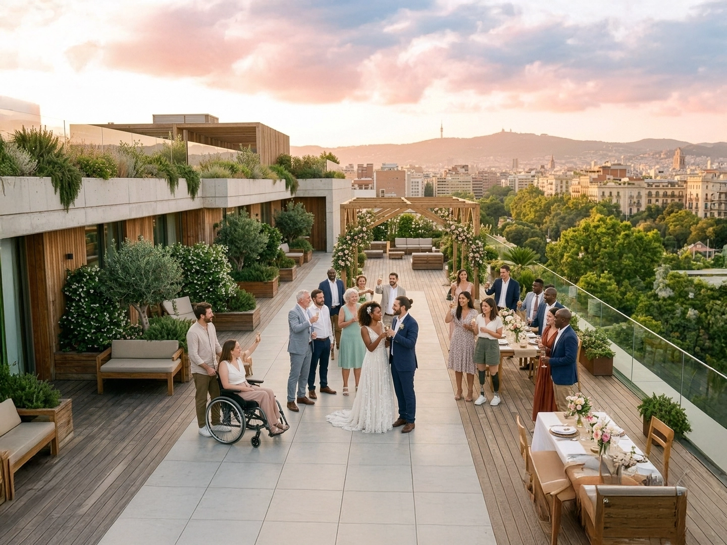 Una amplia toma aérea de una boda celebrada en una lujosa terraza de madera al atardecer, con vistas panorámicas a la ciudad de Barcelona. En el centro, los recién casados brindan rodeados de un grupo diverso de invitados que alzan sus copas. A la izquierda, una mujer en silla de ruedas participa de la celebración junto a otros asistentes. La terraza está decorada con abundante vegetación, jardineras y una pérgola de madera con flores. El cielo presenta tonos rosados y anaranjados, completando una atmósfera festiva e inclusiva.