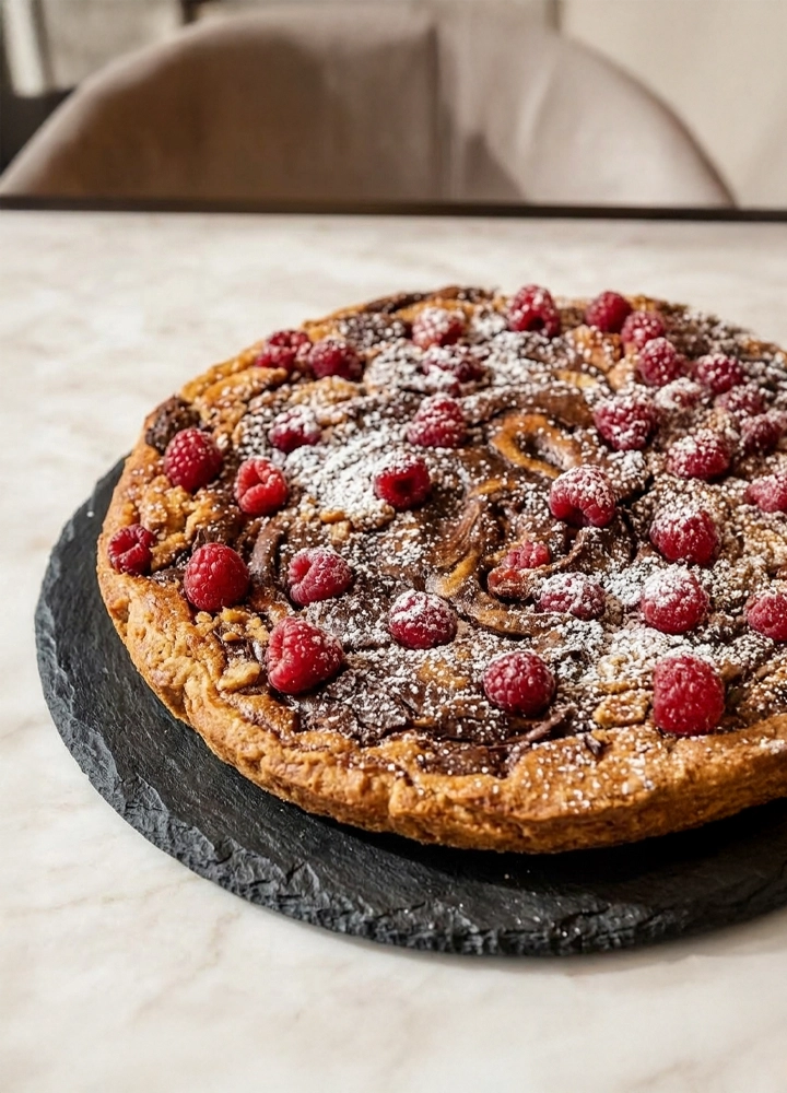 Tarta redonda de masa dorada con remolinos de chocolate, decorada con frambuesas frescas y espolvoreada con azúcar glas, presentada sobre una base de pizarra sobre una mesa clara.