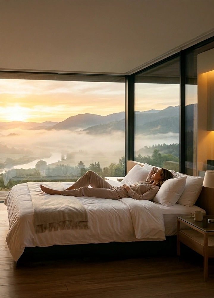 Cama amplia en una habitación minimalista con ventanal panorámico; una persona descansa mientras el amanecer ilumina un valle con niebla entre montañas. Madera cálida y una silla sencilla completan el ambiente sereno.