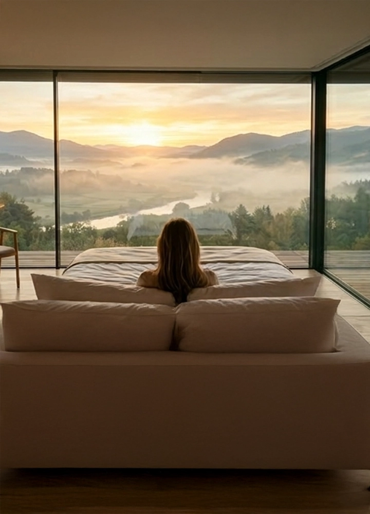 Persona sentada en el borde de una cama amplia, de espaldas, observando un amanecer dorado que ilumina un valle con niebla entre montañas. El ventanal panorámico ocupa toda la pared, creando una escena cálida y tranquila en una habitación minimalista.
