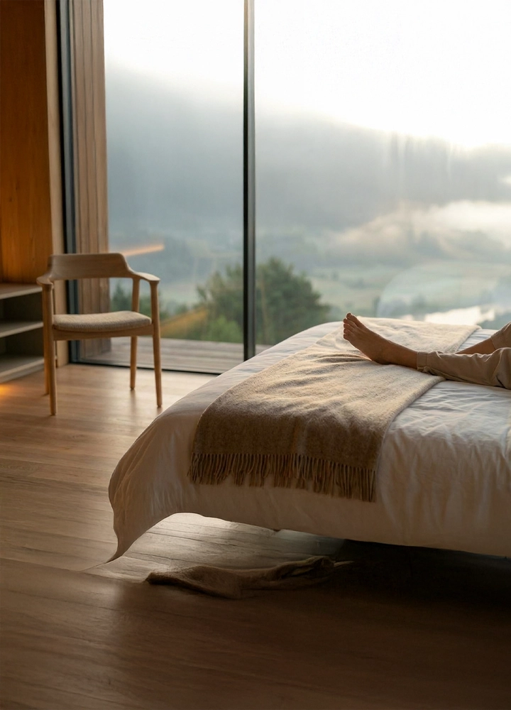Habitación luminosa con suelo de madera, una cama cubierta por un plaid beige y una persona recostada con los pies asomando. Al fondo, un ventanal de suelo a techo muestra un paisaje montañoso envuelto en niebla, junto a una silla de madera de líneas simples.