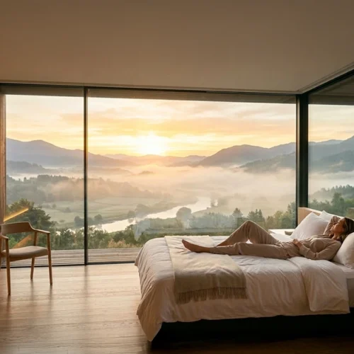 Cama amplia en una habitación minimalista con ventanal panorámico; una persona descansa mientras el amanecer ilumina un valle con niebla entre montañas. Madera cálida y una silla sencilla completan el ambiente sereno.