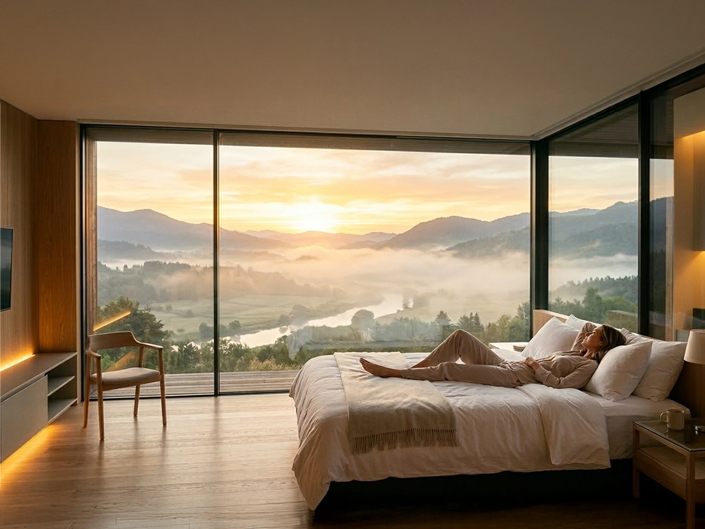 Cama amplia en una habitación minimalista con ventanal panorámico; una persona descansa mientras el amanecer ilumina un valle con niebla entre montañas. Madera cálida y una silla sencilla completan el ambiente sereno.