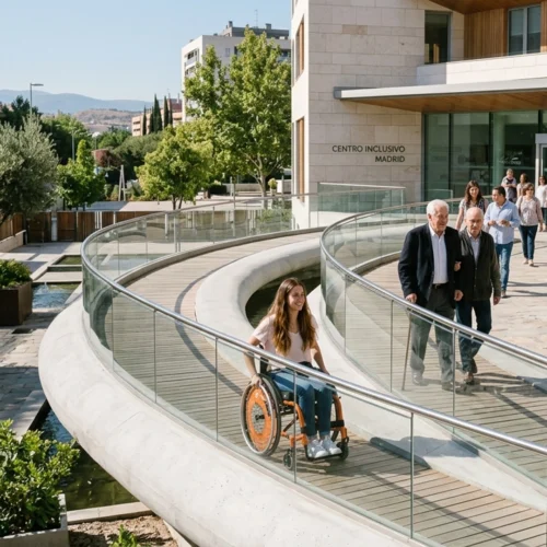 Rampa ancha y curvada con barandillas de cristal que desciende suavemente entre jardines y un pequeño canal de agua; una persona en silla de ruedas avanza por la rampa mientras otras personas caminan por la zona exterior del edificio identificado como 'Centro Inclusivo Madrid', rodeado de árboles y edificios urbanos al fondo.