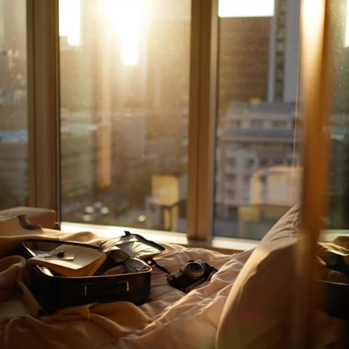 Luz cálida de atardecer entrando por una gran ventana con vistas urbanas; sobre una cama deshecha hay una maleta abierta con ropa y cuadernos, junto a una cámara fotográfica colocada cerca de la almohada.
