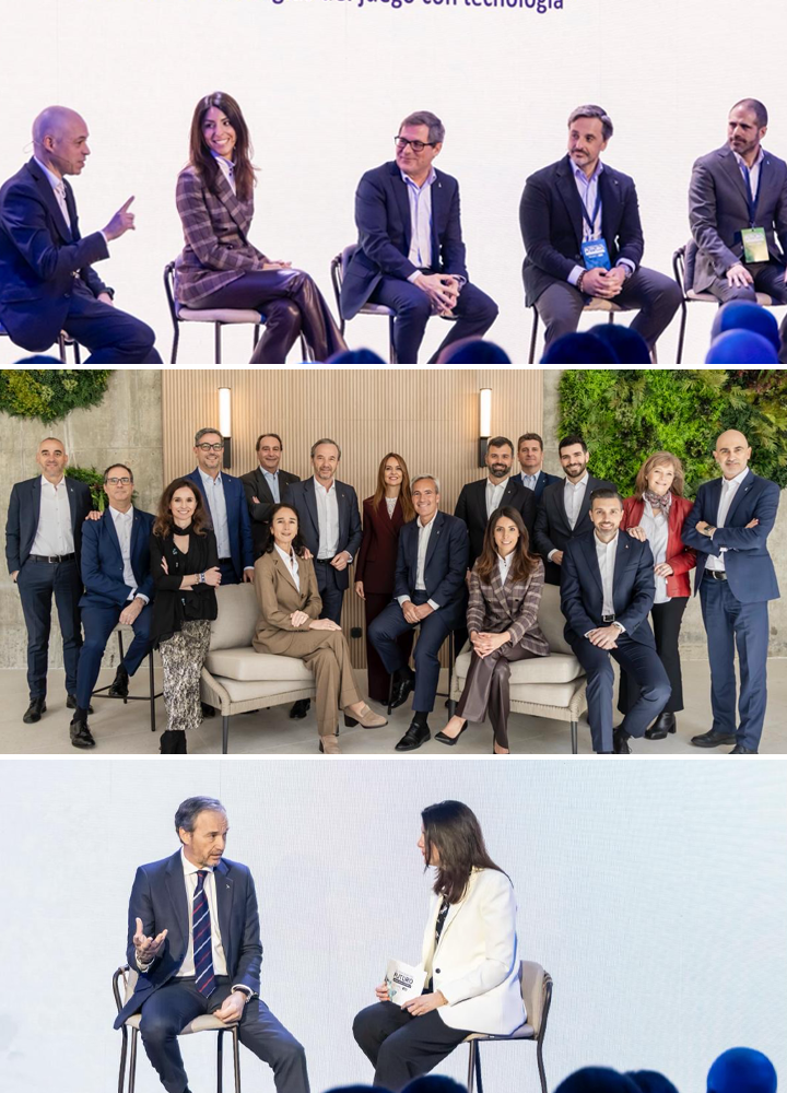 Tres escenas de un evento profesional: un panel de personas sentadas en un escenario iluminado conversando ante el público; un grupo numeroso vestido de forma formal posando en un espacio interior elegante con vegetación decorativa; y una conversación bilateral entre dos personas sentadas en sillas altas sobre un fondo claro.