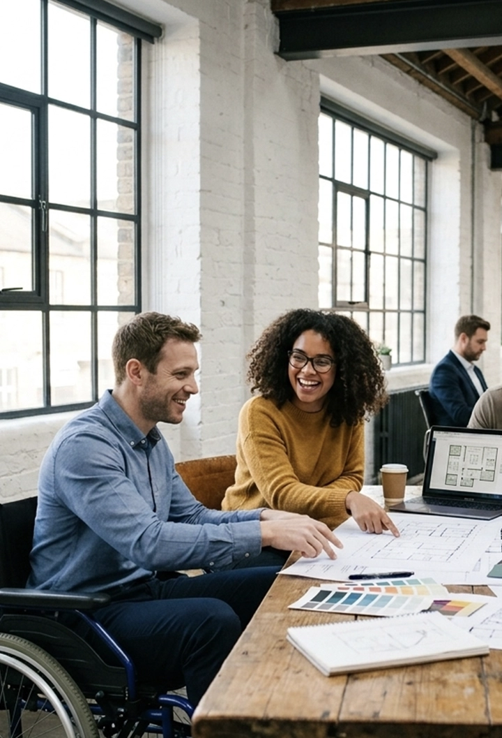 Dos profesionales, un hombre en silla de ruedas y una mujer con gafas, ríen mientras colaboran sobre unos planos arquitectónicos en una mesa de madera. Se encuentran en una oficina luminosa con grandes ventanales y paredes de ladrillo blanco. Sobre la mesa hay un ordenador portátil, muestras de colores y una taza de café, con otros compañeros trabajando al fondo.