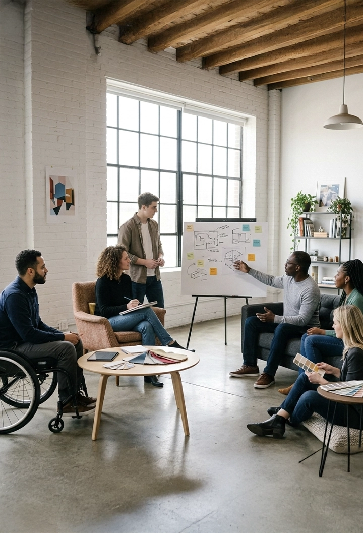 Un grupo diverso de seis profesionales en una reunión creativa dentro de una oficina luminosa de estilo industrial. Un hombre señala bocetos en una pizarra blanca mientras los demás escuchan con atención. Entre los participantes, se encuentra un hombre en silla de ruedas y varias personas tomando notas o revisando muestras de colores. El espacio tiene techos altos con vigas de madera, paredes de ladrillo blanco y un gran ventanal al fondo.