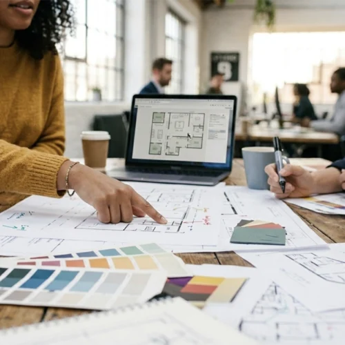 Primer plano de manos trabajando sobre una mesa de madera en una oficina. Una persona señala un plano arquitectónico en papel, mientras en la pantalla de un ordenador portátil se muestra el plano digital de una vivienda. Alrededor hay diversos muestrarios de colores, telas, cuadernos y tazas de café, con compañeros trabajando de forma desenfocada al fondo.