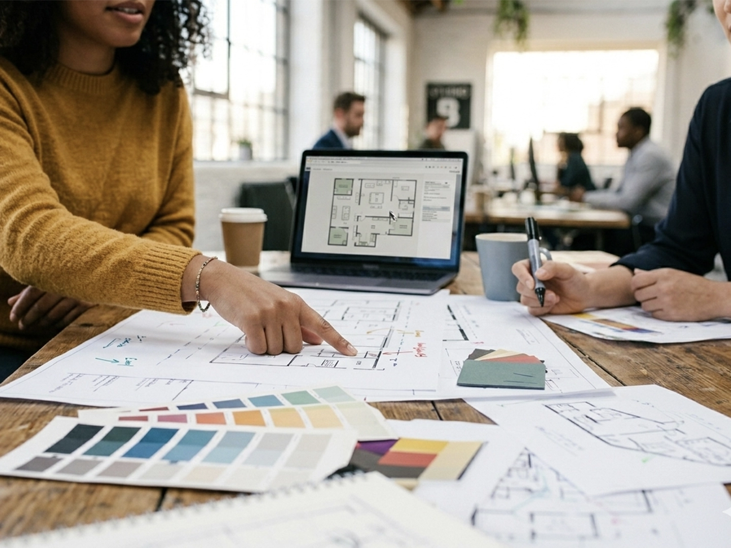 Primer plano de manos trabajando sobre una mesa de madera en una oficina. Una persona señala un plano arquitectónico en papel, mientras en la pantalla de un ordenador portátil se muestra el plano digital de una vivienda. Alrededor hay diversos muestrarios de colores, telas, cuadernos y tazas de café, con compañeros trabajando de forma desenfocada al fondo.