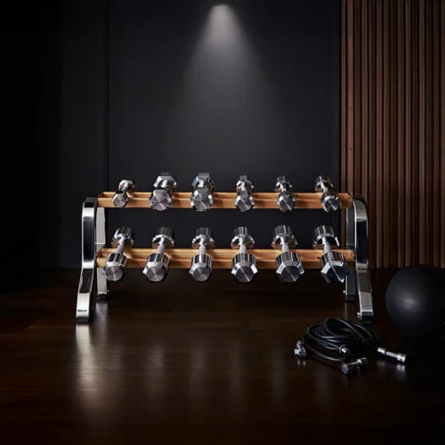 Equipo de gimnasio de diseño en un espacio minimalista. Incluye un soporte de madera y metal con dos filas de mancuernas cromadas, un balón medicinal negro y una cuerda de saltar sobre un suelo de madera oscura, todo bajo una iluminación puntual sobre una pared negra.