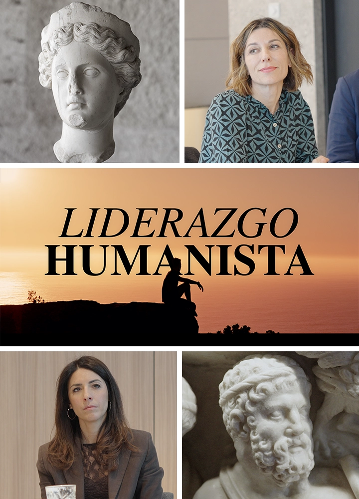 Collage compuesto por cinco imágenes: dos muestran bustos de esculturas clásicas en mármol; dos muestran a personas en interiores profesionales; y en el centro aparece una silueta sentada frente a un atardecer junto al texto “Liderazgo Humanista”, creando un contraste entre arte clásico, reflexión y entorno laboral.