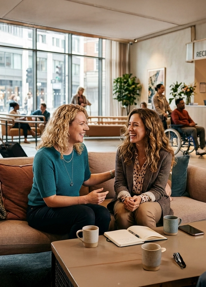 Dos mujeres sentadas en un sofá de una oficina moderna ríen y conversan animadamente durante un descanso o reunión informal. En primer plano, sobre una mesa baja, hay varias tazas de café y un cuaderno abierto. Al fondo, el amplio vestíbulo muestra a otras personas en diversas actividades, incluyendo a un hombre en silla de ruedas cerca del mostrador de recepción y grandes ventanales que llenan el espacio de luz natural.