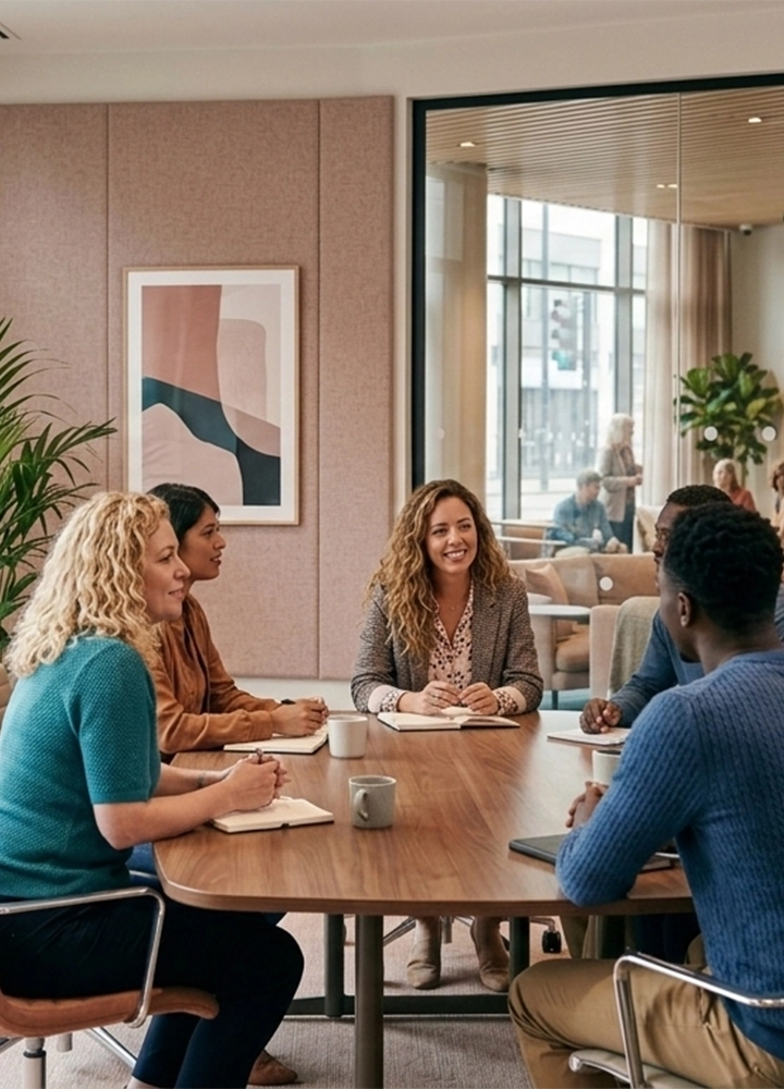 Cinco profesionales participan en una reunión alrededor de una mesa de madera ovalada en una oficina moderna y luminosa. Tres mujeres y dos hombres están sentados con cuadernos y tazas de café, manteniendo una conversación colaborativa. La mujer del centro sonríe mientras escucha a sus colegas. El entorno cuenta con una decoración minimalista en tonos suaves, un cuadro de arte abstracto en la pared y grandes ventanales al fondo que muestran un área de descanso y vistas al exterior