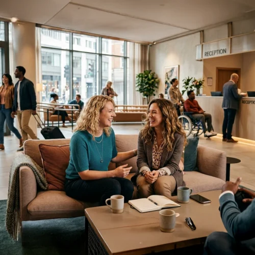 Dos mujeres sentadas en un sofá de una oficina moderna ríen y conversan animadamente durante un descanso o reunión informal. En primer plano, sobre una mesa baja, hay varias tazas de café y un cuaderno abierto. Al fondo, el amplio vestíbulo muestra a otras personas en diversas actividades, incluyendo a un hombre en silla de ruedas cerca del mostrador de recepción y grandes ventanales que llenan el espacio de luz natural.