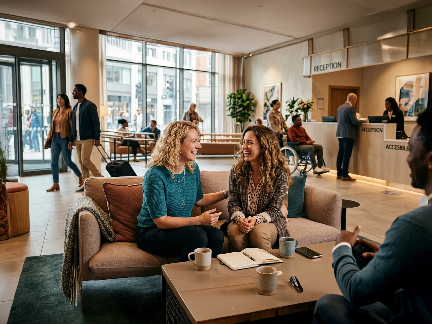 Dos mujeres sentadas en un sofá de una oficina moderna ríen y conversan animadamente durante un descanso o reunión informal. En primer plano, sobre una mesa baja, hay varias tazas de café y un cuaderno abierto. Al fondo, el amplio vestíbulo muestra a otras personas en diversas actividades, incluyendo a un hombre en silla de ruedas cerca del mostrador de recepción y grandes ventanales que llenan el espacio de luz natural.
