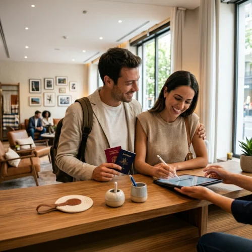 Pareja apoyada en el mostrador de recepción de un hotel moderno y luminoso, donde una persona del personal sostiene una tableta para completar el registro. Una de las personas entrega dos pasaportes mientras la otra escribe sobre la pantalla, con objetos de escritorio, un azucarero y una taza sobre la madera clara del mostrador. Al fondo se aprecia una zona de espera con luz natural, decoración acogedora y un ambiente tranquilo propio del proceso de llegada y check‑in.