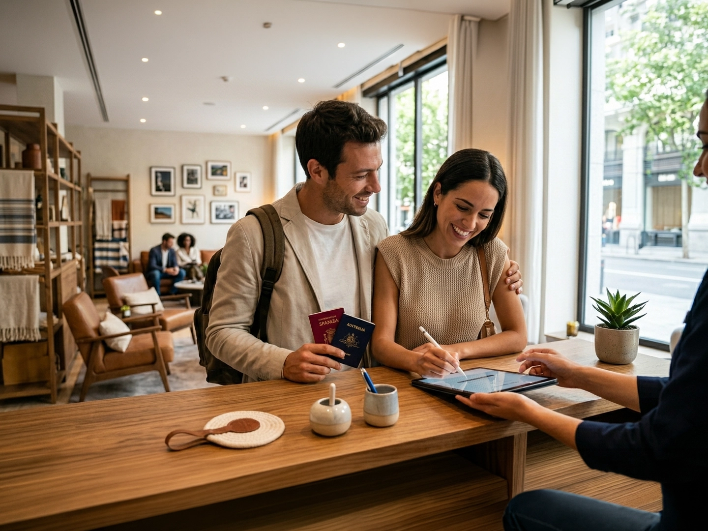 Pareja apoyada en el mostrador de recepción de un hotel moderno y luminoso, donde una persona del personal sostiene una tableta para completar el registro. Una de las personas entrega dos pasaportes mientras la otra escribe sobre la pantalla, con objetos de escritorio, un azucarero y una taza sobre la madera clara del mostrador. Al fondo se aprecia una zona de espera con luz natural, decoración acogedora y un ambiente tranquilo propio del proceso de llegada y check‑in.