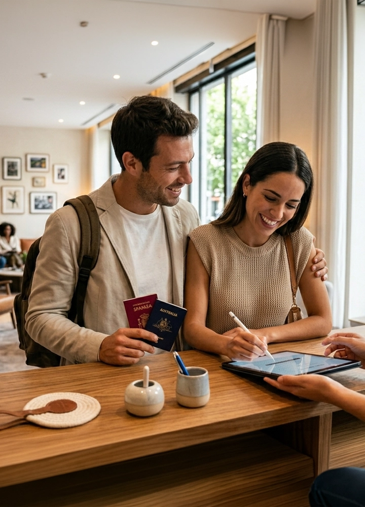 Pareja apoyada en el mostrador de recepción de un hotel moderno y luminoso, donde una persona del personal sostiene una tableta para completar el registro. Una de las personas entrega dos pasaportes mientras la otra escribe sobre la pantalla, con objetos de escritorio, un azucarero y una taza sobre la madera clara del mostrador. Al fondo se aprecia una zona de espera con luz natural, decoración acogedora y un ambiente tranquilo propio del proceso de llegada y check‑in.