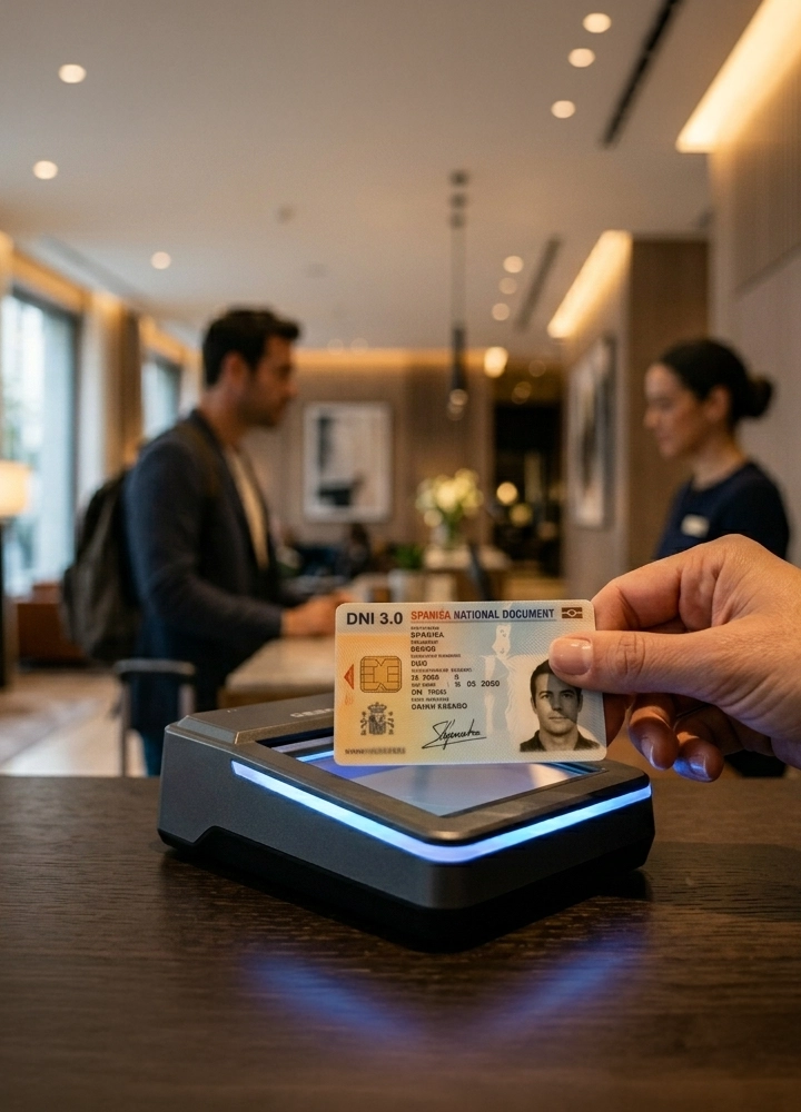Mano sosteniendo un DNI 3.0 español sobre un lector electrónico iluminado en el mostrador de recepción de un hotel moderno, mientras al fondo se desarrolla el proceso de check‑in con personal atendiendo a un cliente. El espacio es luminoso y elegante, con madera clara, iluminación cálida, zonas de espera con sofás y un ambiente ordenado que transmite profesionalidad, tecnología y atención al cliente.