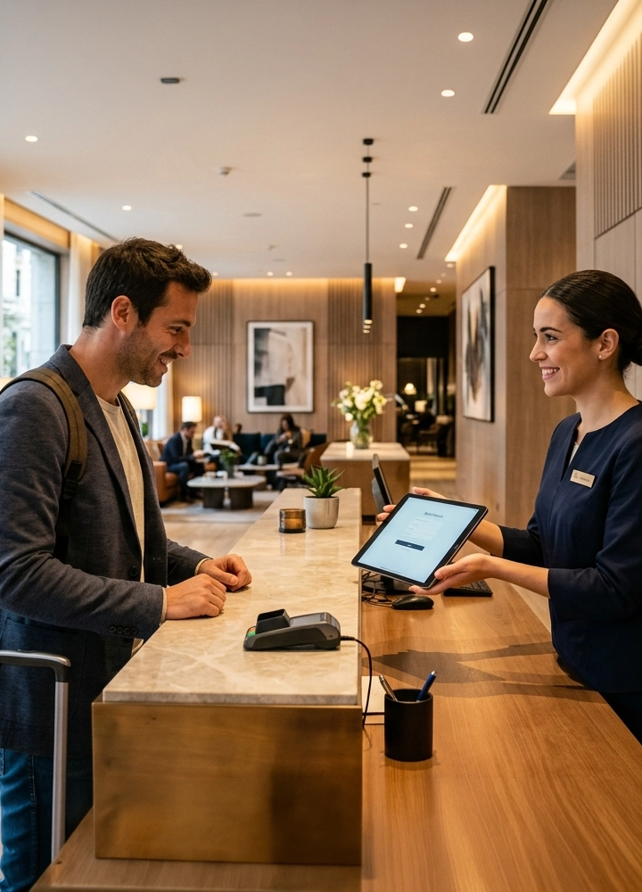 Recepción de un hotel moderno y luminoso, con un mostrador de madera clara donde una empleada atiende a un cliente mostrando una tableta digital para el registro. Sobre el mostrador hay un datáfono y material de escritorio, mientras al fondo se aprecia una zona de espera elegante con sofás, mesas bajas, plantas y personas sentadas, creando un ambiente acogedor, profesional y organizado propio del proceso de llegada y atención al cliente.