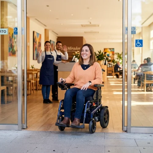 Persona saliendo en silla de ruedas por la entrada amplia de un restaurante luminoso, con puertas de cristal abiertas y un cartel de “Abierto”. Dentro, personal con delantal y varias mesas ocupadas crean un ambiente acogedor y accesible.