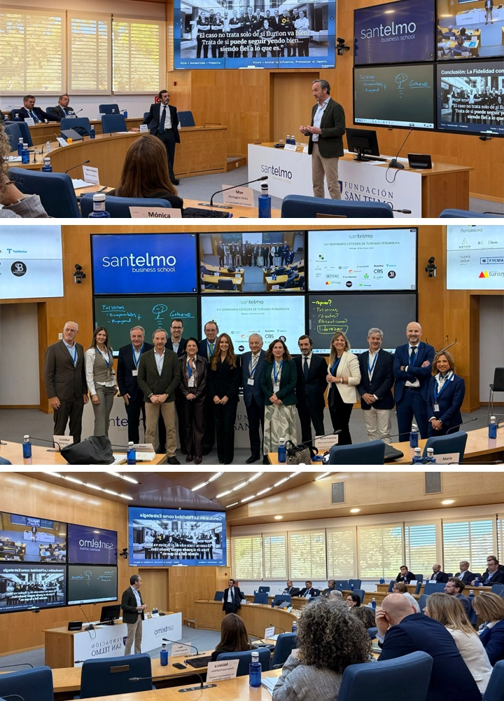 Sesión en aula de formación con ponentes presentando ante un grupo de asistentes, pantallas con diapositivas visibles y un momento de foto grupal del equipo participante durante la jornada.