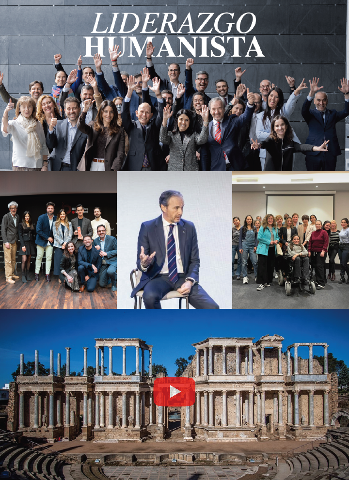 Varias escenas relacionadas con un programa de liderazgo: un grupo numeroso celebrando frente a un muro con el texto “Liderazgo Humanista”; una foto de equipo en un escenario; una persona con traje hablando sentada en un taburete; otro grupo posando en un aula; y, en la parte inferior, la imagen de un teatro romano antiguo con un icono de reproducción superpuesto, indicando contenido en vídeo.
