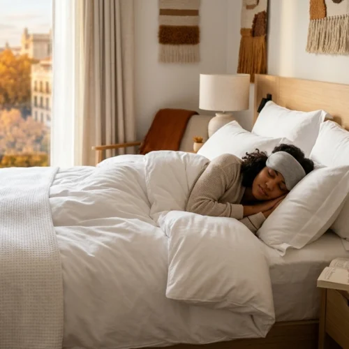 Dormitorio luminoso y acogedor con una cama de madera clara vestida con ropa de cama blanca y mullida. Una persona descansa de lado entre las sábanas. Junto a la cama hay una mesilla con un libro y una lámpara. En la pared cuelgan tapices de tonos tierra. Un gran ventanal deja entrar la luz de la mañana y permite ver edificios y árboles otoñales en el exterior.