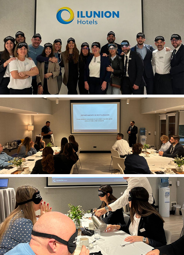Composición vertical con tres escenas de una actividad corporativa en ILUNION Hotels. Arriba, un grupo numeroso de personas adultas posa de pie frente a una pared con el logotipo “ILUNION Hotels”. En el centro, varias personas están sentadas alrededor de mesas en una sala de reuniones mientras se proyecta una presentación titulada “Departamento de Restauración”. Abajo, una actividad práctica en mesa, con varias personas usando antifaces mientras otra sirve una bebida, en un entorno formativo y profesional.
