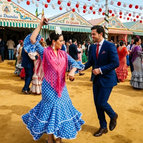 Escena festiva al aire libre en un recinto ferial con suelo de albero. En primer plano, dos personas adultas bailan sevillanas: una lleva un vestido azul con lunares blancos y volantes, adornado con un mantón rosa; la otra viste traje azul con camisa clara y corbata roja. Ambas están en movimiento, con los brazos levantados y el cuerpo girado. En el fondo aparecen varias casetas con fachadas decoradas y rótulos, entre ellas una con el nombre “La Giralda”. Sobre el espacio cuelgan guirnaldas de farolillos rojos y blancos. Alrededor, numerosas personas adultas caminan, conversan o bailan, vestidas con trajes tradicionales y ropa elegante. El cielo es azul y la escena transmite un ambiente animado y popular.