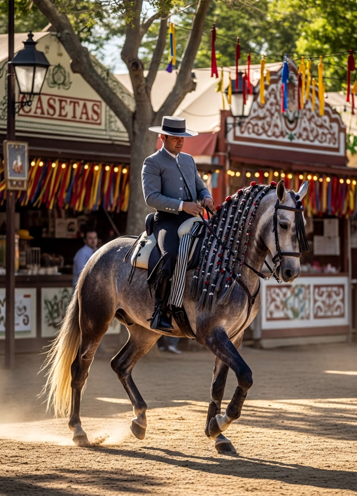 Escena al aire libre en un recinto ferial o tradicional. En primer plano, una persona monta a caballo avanzando al paso sobre suelo de arena. El caballo es de color gris oscuro, con arnés y adornos visibles en la brida y el pecho. La persona viste chaqueta corta, pantalón ajustado y sombrero de ala recta, con postura erguida sobre la montura. Al fondo aparecen varias casetas decoradas con colores claros, molduras y banderines colgados, con el texto “CASETA” visible en una de ellas. Hay árboles que proyectan sombra y luz natural de día, creando un ambiente festivo y tradicional.