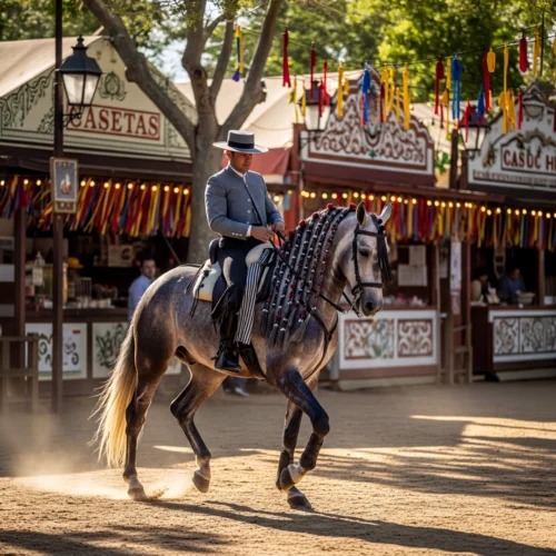 Escena al aire libre en un recinto ferial o tradicional. En primer plano, una persona monta a caballo avanzando al paso sobre suelo de arena. El caballo es de color gris oscuro, con arnés y adornos visibles en la brida y el pecho. La persona viste chaqueta corta, pantalón ajustado y sombrero de ala recta, con postura erguida sobre la montura. Al fondo aparecen varias casetas decoradas con colores claros, molduras y banderines colgados, con el texto “CASETA” visible en una de ellas. Hay árboles que proyectan sombra y luz natural de día, creando un ambiente festivo y tradicional.