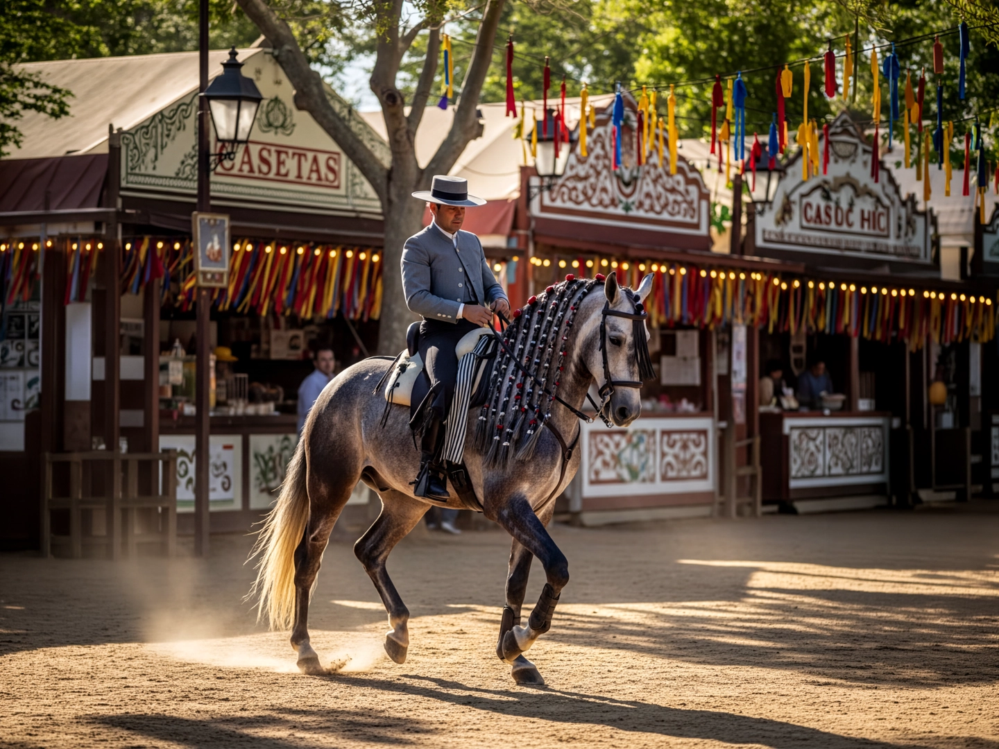 Escena al aire libre en un recinto ferial o tradicional. En primer plano, una persona monta a caballo avanzando al paso sobre suelo de arena. El caballo es de color gris oscuro, con arnés y adornos visibles en la brida y el pecho. La persona viste chaqueta corta, pantalón ajustado y sombrero de ala recta, con postura erguida sobre la montura. Al fondo aparecen varias casetas decoradas con colores claros, molduras y banderines colgados, con el texto “CASETA” visible en una de ellas. Hay árboles que proyectan sombra y luz natural de día, creando un ambiente festivo y tradicional.