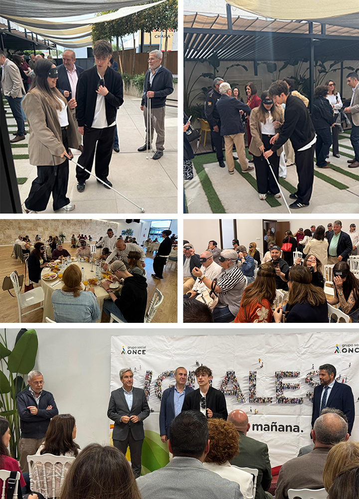 Composición de varias fotografías de una actividad grupal y formativa. En la parte superior, personas adultas participan en dinámicas al aire libre, algunas con bastón blanco, guiadas por otras personas en un espacio con vegetación y zonas de paso. En el centro, varias mesas redondas con personas sentadas comparten comida y conversación en un ambiente interior amplio y luminoso. En la parte inferior, un grupo numeroso escucha a varias personas de pie frente a un fondo con el logotipo de ONCE y un mural formado por fotografías, en una sala preparada para una presentación o cierre del encuentro.