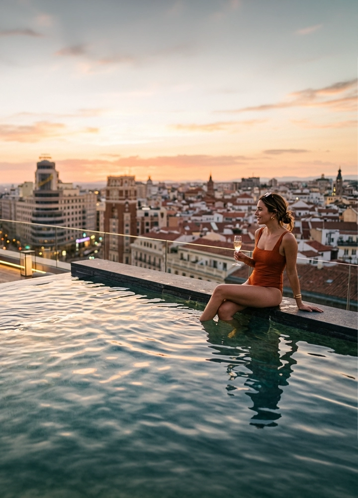 Piscina infinita en una azotea, con el agua en primer plano reflejando el cielo. Una persona está sentada en el borde, con las piernas dentro del agua y sosteniendo una copa. Al fondo se extiende una ciudad con edificios de distintas alturas y tejados, iluminados por la luz cálida del atardecer. El cielo presenta tonos suaves de naranja y azul, creando un ambiente urbano y tranquilo.